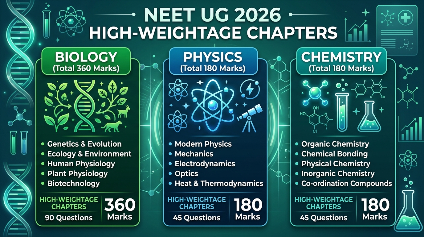NEET UG 2026 High-Weightage Chapters: Subject-Wise Priority List (Biology, Physics, Chemistry)